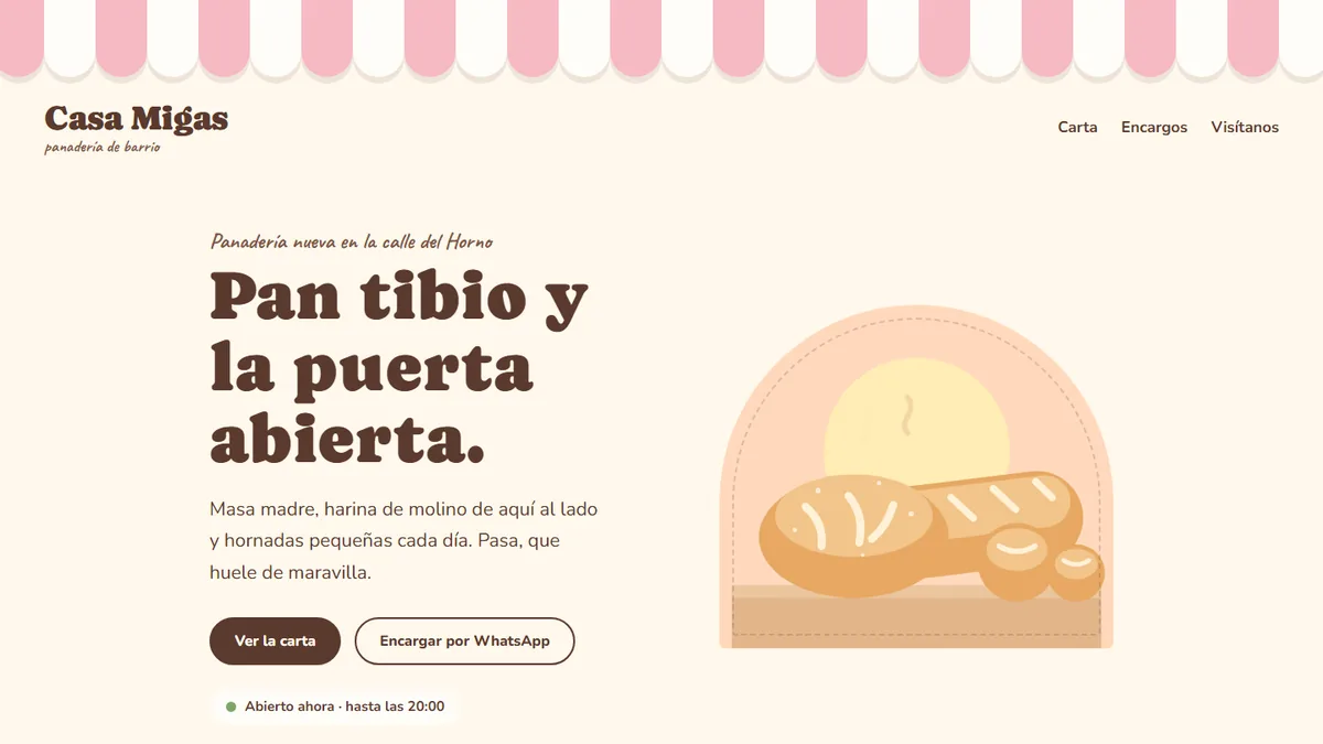 Portada de la web de Casa Migas, una panadería